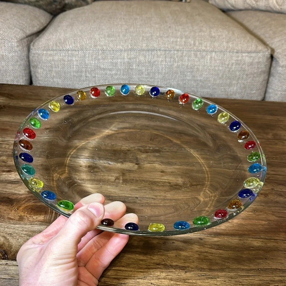 Gorgeous Lrg Glass Multi Color Beaded Embellished 13” Serving Tray Platter Plate - Picture 6 of 7